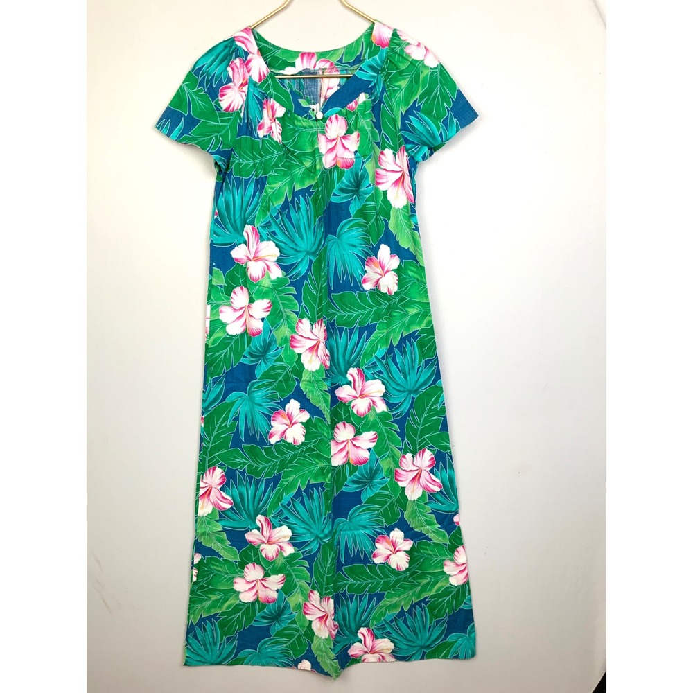 Hilo Hattie Hibiscus Palm Leaf Floral Hawaiian Tropical Maxi Dress Muumuu Medium